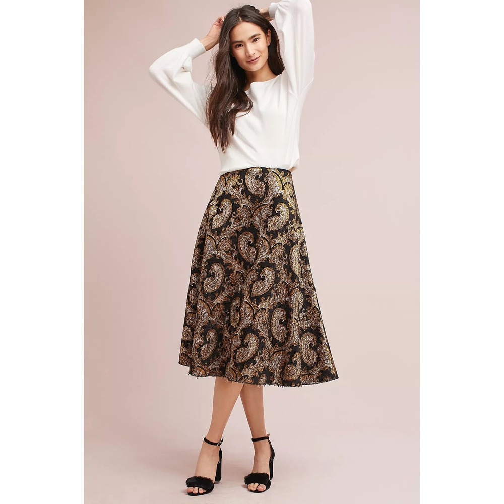 Tracy Reese Flared Skirt Size 4 Black Gold Paisley Jacquard Raw Hem Baroque EUC